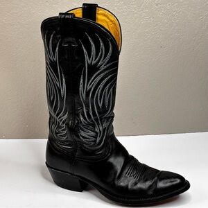 Nocona Black Soft Leather Western Boots White Flame Stitching Size 11B